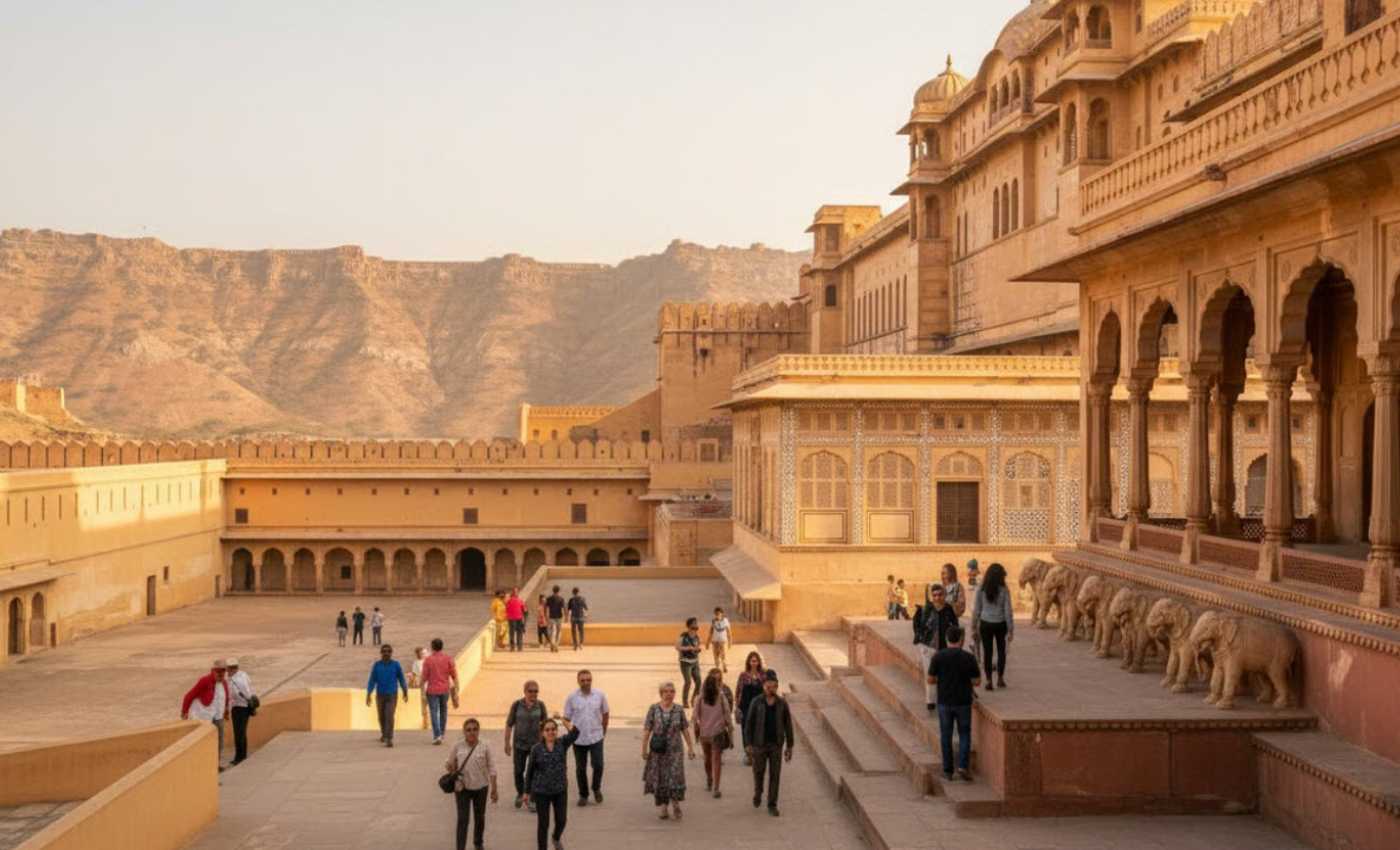 Colorful Rajasthani desert landscape with golden sand dunes and camels