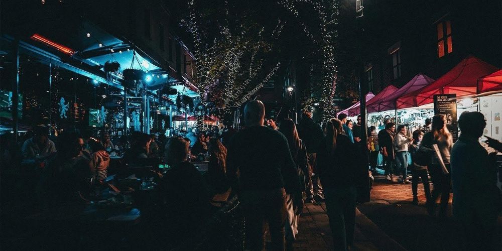 Farmers Market stalls at night